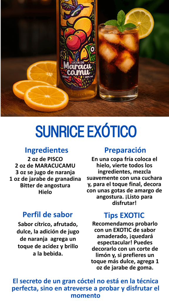 receta sunrice exotico con el licor macerado de la selva maracucamu marca exotic