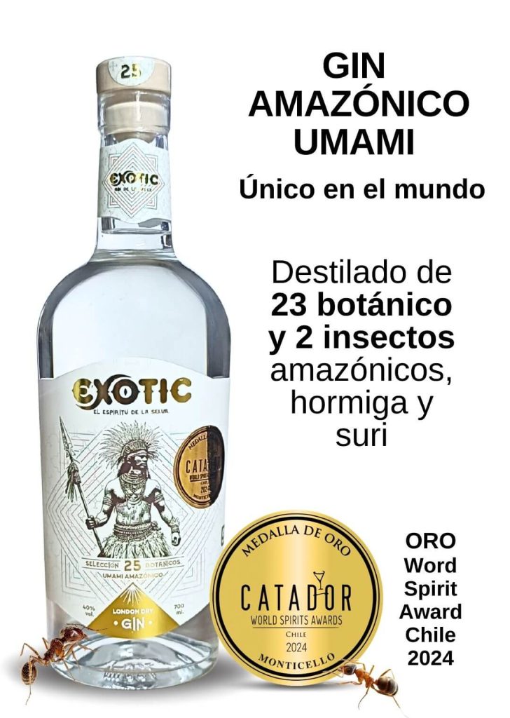 Gin amazónico umami y salvaje marca exotic, medalla de oro catador world spirits awards 2024