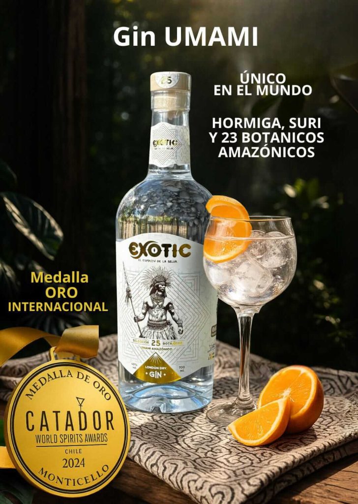 Gin amazónico umami y salvaje marca exotic, medalla de oro catador world spirits awards 2024