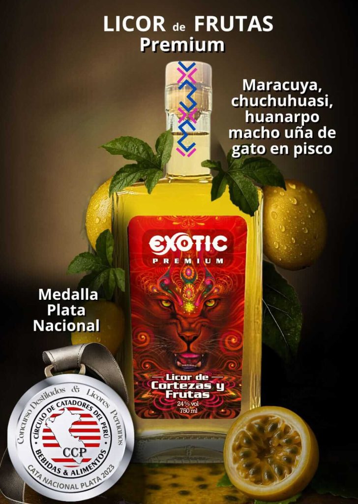 Licores afrodisiacos o macerados como licor de cortezas, licor de cortezas y frutas, medalla plata 2023 marca exotic